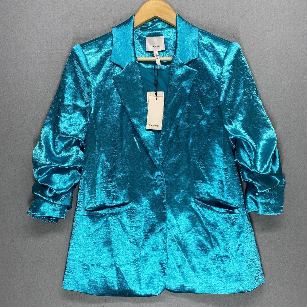 cinq à sept Blazer Womens 4 Satin Kylie Rouched Sleeves Pacific Blue